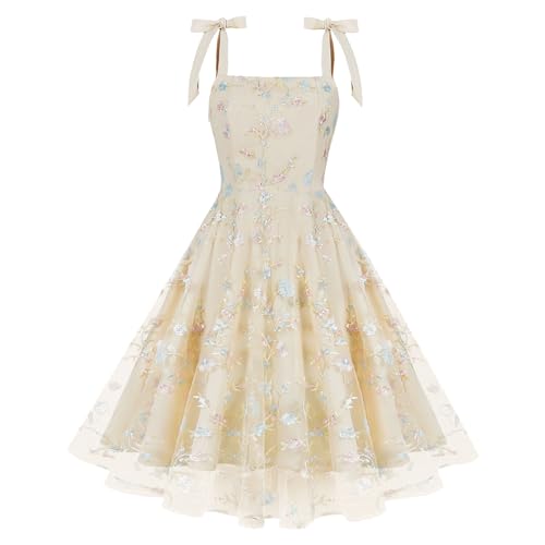 Damen 1950er Jahre Vintage Cocktail Kleid A-Linie Ärmellos Blume Stickerei Mesh Swing Kleid Elegante Hochzeit Partykleid Festlich Ballkleid Aprikose M von IMEKIS