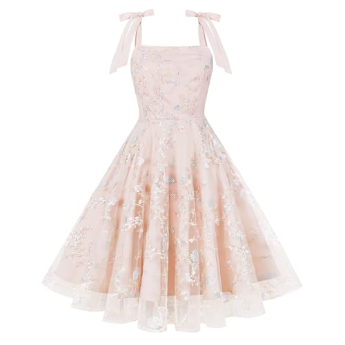 Damen 1950er Jahre Vintage Cocktail Kleid A-Linie �rmellos Blume Stickerei Mesh Swing Kleid Elegante Hochzeit Partykleid Festlich Ballkleid Hellrosa S von IMEKIS