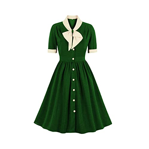 Damen 1950er Jahre Vintage Cocktail Kleid Audrey Hepburn Stil Retro Rockabilly Swing Abendkleid Kurzarm V-Ausschnitt Knielang Faltenrock Elegante Hochzeitsfeierkleid Grün L von IMEKIS