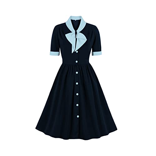 Damen 1950er Jahre Vintage Cocktail Kleid Audrey Hepburn Stil Retro Rockabilly Swing Abendkleid Kurzarm V-Ausschnitt Knielang Faltenrock Elegante Hochzeitsfeierkleid Marineblau L von IMEKIS