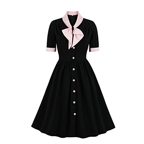 Damen 1950er Jahre Vintage Cocktail Kleid Audrey Hepburn Stil Retro Rockabilly Swing Abendkleid Kurzarm V-Ausschnitt Knielang Faltenrock Elegante Hochzeitsfeierkleid Schwarz-Rosa L von IMEKIS