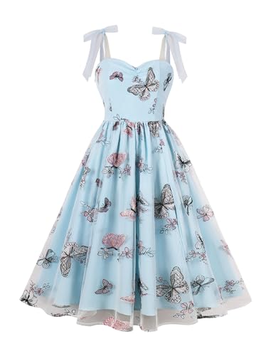 Damen 1950er Jahre Vintage Cocktail Swing Kleid A-Linie Spaghetti-Träger Blumen Schmetterling Stickerei Mesh Kleid Elegant Hochzeit Brautjungfer Partykleid ﻿ Hellblau S von IMEKIS