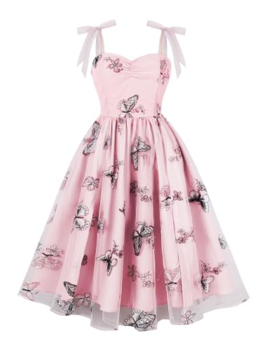 Damen 1950er Jahre Vintage Cocktail Swing Kleid A-Linie Spaghetti-Träger Blumen Schmetterling Stickerei Mesh Kleid Elegant Hochzeit Brautjungfer Partykleid ﻿ Rosa M von IMEKIS