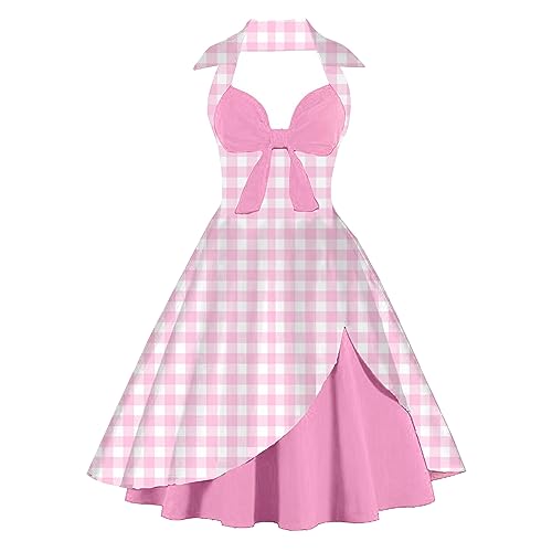 Damen 1950er Jahre Vintage Cocktailkleid Neckholder Kariert Abendkleid Rockabilly Retro Swing Partykleid A-Linie Knielang Faltenrock Festlich Ballkleid Hellrosa XL von IMEKIS