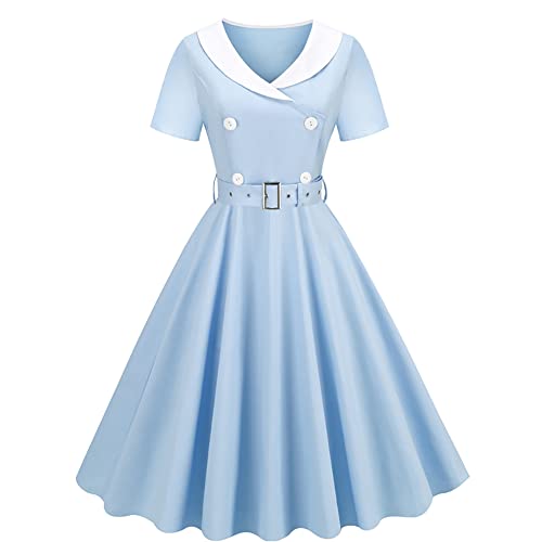 Damen 1950er Jahre Vintage Kleid A-Linie Blumendruck Retro Rockabilly Swing Cocktailkleid Kurzarm V-Ausschnitt Abendkleid Knielang Hochzeit Partykleid Ballkleid mit Gürtel Hellblau M von IMEKIS