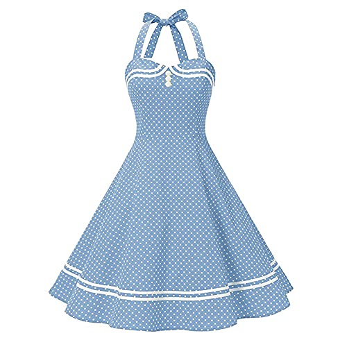 Damen 1950er Jahre Vintage Polka Dot Kleid A Linie Ärmellos Neckholder Cocktailkleid Abendkleid Knielang Retro Swing Kleid Hochzeit Partykleid Strand Sommerkleid Blau 2XL von IMEKIS