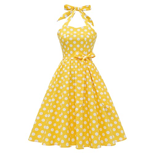 Damen 1950er Jahre Vintage Polka Dot Kleid A Linie Ärmellos Neckholder Cocktailkleid Abendkleid Knielang Retro Swing Kleid Hochzeit Partykleid Strand Sommerkleid Gelb 2XL von IMEKIS