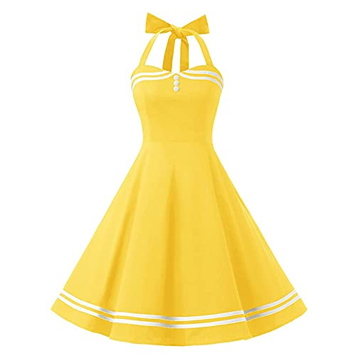 Damen 1950er Jahre Vintage Polka Dot Kleid A Linie Ärmellos Neckholder Cocktailkleid Abendkleid Knielang Retro Swing Kleid Hochzeit Partykleid Strand Sommerkleid Gelb XL von IMEKIS