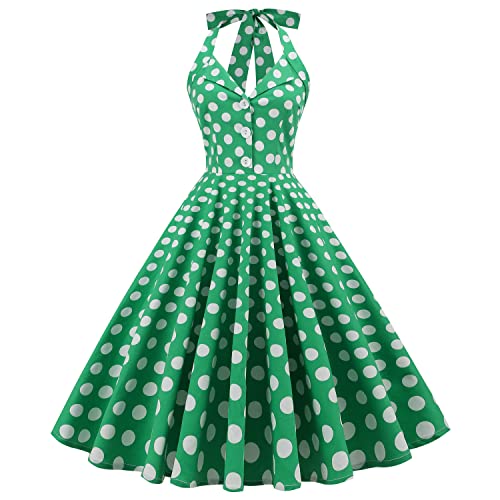 Damen 1950er Jahre Vintage Polka Dot Kleid A Linie Ärmellos Neckholder Cocktailkleid Abendkleid Knielang Retro Swing Kleid Hochzeit Partykleid Strand Sommerkleid Grün 2XL von IMEKIS