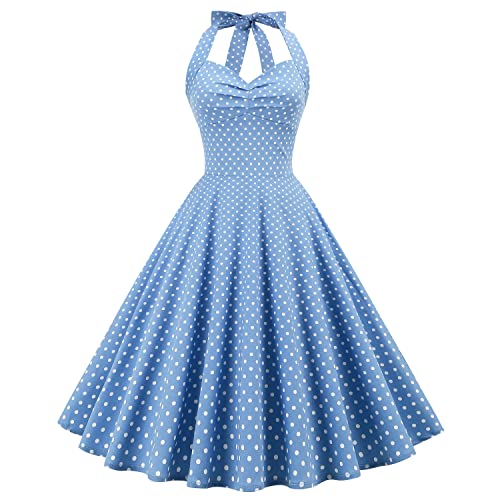 Damen 1950er Jahre Vintage Polka Dot Kleid A Linie Ärmellos Neckholder Cocktailkleid Abendkleid Knielang Retro Swing Kleid Hochzeit Partykleid Strand Sommerkleid Hellblau 2XL von IMEKIS