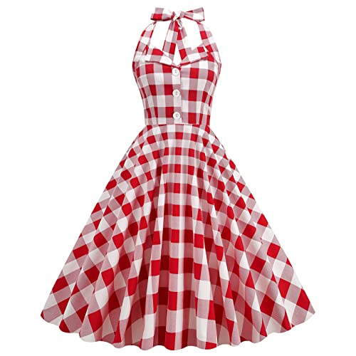 Damen 1950er Jahre Vintage Polka Dot Kleid A Linie Ärmellos Neckholder Cocktailkleid Abendkleid Knielang Retro Swing Kleid Hochzeit Partykleid Strand Sommerkleid Rot+Weiß S von IMEKIS