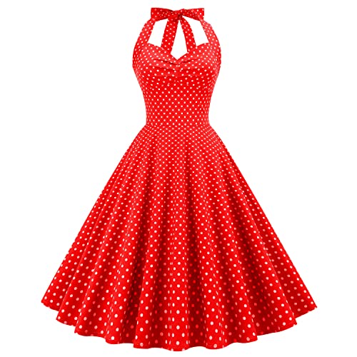 Damen 1950er Jahre Vintage Polka Dot Kleid A Linie Ärmellos Neckholder Cocktailkleid Abendkleid Knielang Retro Swing Kleid Hochzeit Partykleid Strand Sommerkleid Rot 03 2XL von IMEKIS