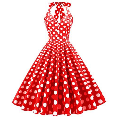 Damen 1950er Jahre Vintage Polka Dot Kleid A Linie Ärmellos Neckholder Cocktailkleid Abendkleid Knielang Retro Swing Kleid Hochzeit Partykleid Strand Sommerkleid Rot 2XL von IMEKIS