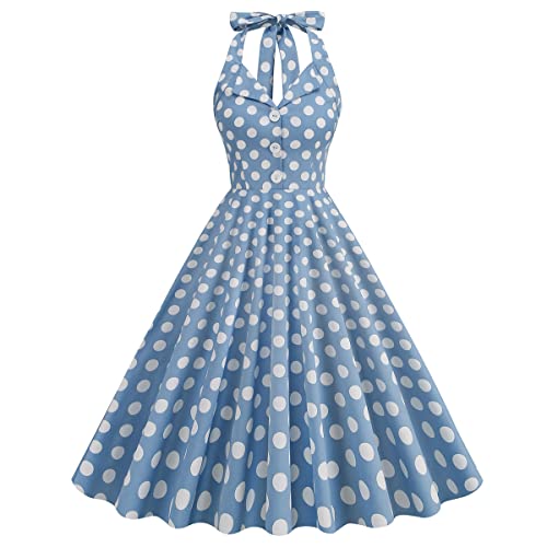 Damen 1950er Jahre Vintage Polka Dot Kleid A Linie Ärmellos Neckholder Cocktailkleid Kariert Abendkleid Knielang Retro Swing Kleid Hochzeit Partykleid Strand Sommerkleid Blau-Weiß 2XL von IMEKIS