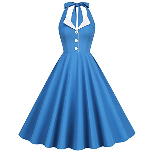 Damen 1950er Jahre Vintage Polka Dot Kleid A Linie Ärmellos Neckholder Cocktailkleid Kariert Abendkleid Knielang Retro Swing Kleid Hochzeit Partykleid Strand Sommerkleid Blauer See-Weiß L von IMEKIS