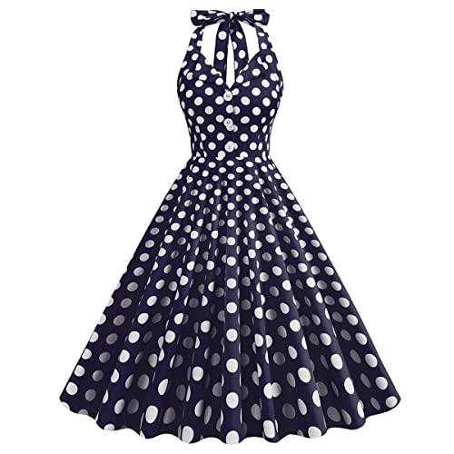 Damen 1950er Jahre Vintage Polka Dot Kleid A Linie Ärmellos Neckholder Cocktailkleid Kariert Abendkleid Knielang Retro Swing Kleid Hochzeit Partykleid Strand Sommerkleid Dunkelblau-Weiß 2XL von IMEKIS