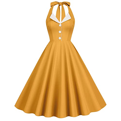 Damen 1950er Jahre Vintage Polka Dot Kleid A Linie Ärmellos Neckholder Cocktailkleid Kariert Abendkleid Knielang Retro Swing Kleid Hochzeit Partykleid Strand Sommerkleid Gelb-Weiß L von IMEKIS
