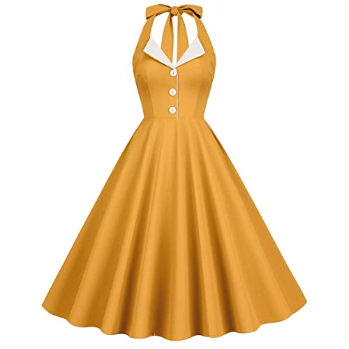 Damen 1950er Jahre Vintage Polka Dot Kleid A Linie Ärmellos Neckholder Cocktailkleid Kariert Abendkleid Knielang Retro Swing Kleid Hochzeit Partykleid Strand Sommerkleid Gelb-Weiß S von IMEKIS