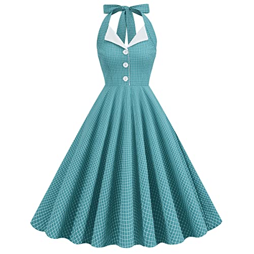 Damen 1950er Jahre Vintage Polka Dot Kleid A Linie Ärmellos Neckholder Cocktailkleid Kariert Abendkleid Knielang Retro Swing Kleid Hochzeit Partykleid Strand Sommerkleid Grün-Weiß XL von IMEKIS