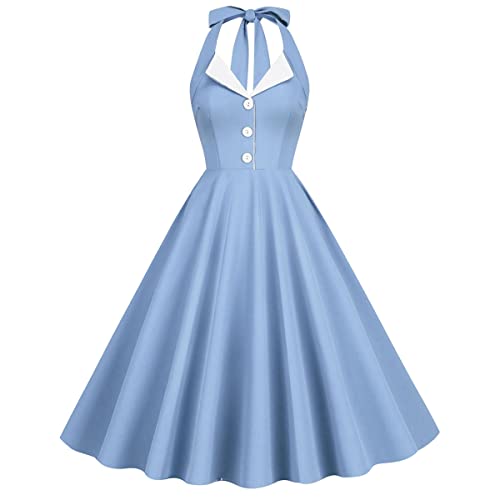 Damen 1950er Jahre Vintage Polka Dot Kleid A Linie Ärmellos Neckholder Cocktailkleid Kariert Abendkleid Knielang Retro Swing Kleid Hochzeit Partykleid Strand Sommerkleid Hellblau-Weiß L von IMEKIS