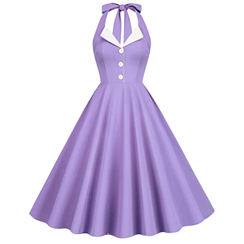 Damen 1950er Jahre Vintage Polka Dot Kleid A Linie Ärmellos Neckholder Cocktailkleid Kariert Abendkleid Knielang Retro Swing Kleid Hochzeit Partykleid Strand Sommerkleid Helllila-Weiß S von IMEKIS