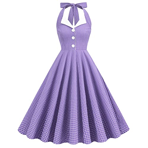 Damen 1950er Jahre Vintage Polka Dot Kleid A Linie Ärmellos Neckholder Cocktailkleid Kariert Abendkleid Knielang Retro Swing Kleid Hochzeit Partykleid Strand Sommerkleid Lila-Weiß 2XL von IMEKIS