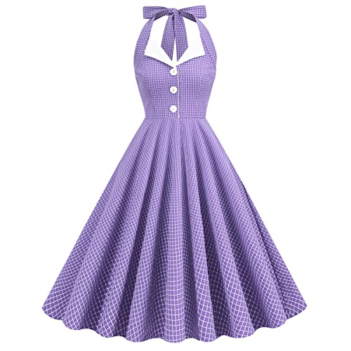Damen 1950er Jahre Vintage Polka Dot Kleid A Linie Ärmellos Neckholder Cocktailkleid Kariert Abendkleid Knielang Retro Swing Kleid Hochzeit Partykleid Strand Sommerkleid Lila-Weiß M von IMEKIS