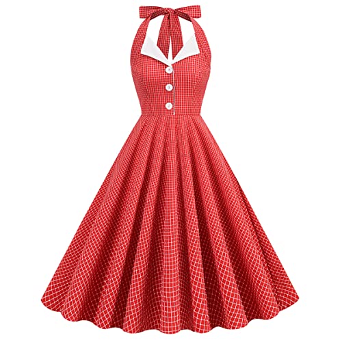 Damen 1950er Jahre Vintage Polka Dot Kleid A Linie Ärmellos Neckholder Cocktailkleid Kariert Abendkleid Knielang Retro Swing Kleid Hochzeit Partykleid Strand Sommerkleid Rot-Weiß 2XL von IMEKIS