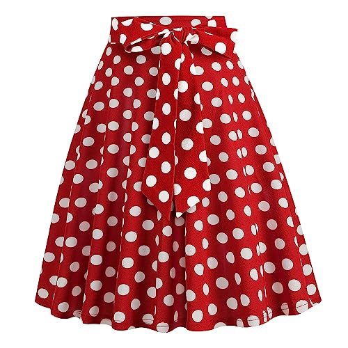 Damen 1950er Jahre Vintage Rock A Linie Faltenrock Hohe Taille Midirock Blumendruck Tellerrock Polka Dot Rockabilly Swing Rock mit G?rtel Knielang Partyrock Rot M von IMEKIS