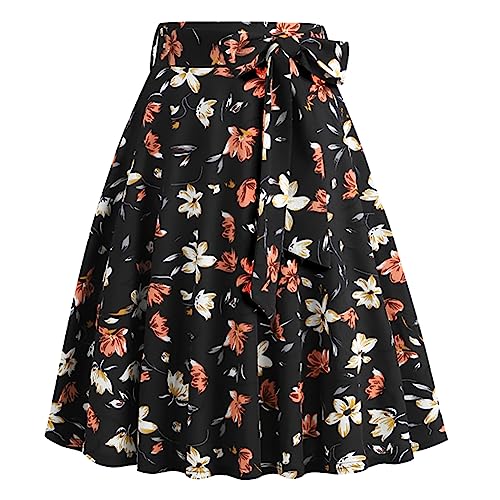 Damen 1950er Jahre Vintage Rock A Linie Faltenrock Hohe Taille Midirock Blumendruck Tellerrock Polka Dot Rockabilly Swing Rock mit Gürtel Knielang Partyrock Schwarz+Blume L von IMEKIS