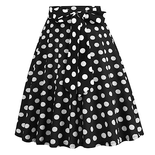 Damen 1950er Jahre Vintage Rock A Linie Faltenrock Hohe Taille Midirock Blumendruck Tellerrock Polka Dot Rockabilly Swing Rock mit G?rtel Knielang Partyrock Schwarz M von IMEKIS