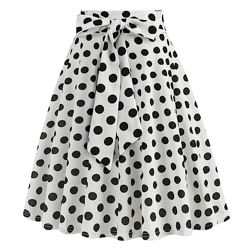 Damen 1950er Jahre Vintage Rock A Linie Faltenrock Hohe Taille Midirock Blumendruck Tellerrock Polka Dot Rockabilly Swing Rock mit G?rtel Knielang Partyrock Wei? L von IMEKIS