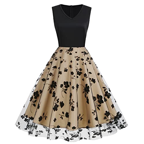 Damen 1950er Retro Vintage Kleid Ärmellos Blumen Schmetterling Bestickt Tüll Swing Kleid A Linie V Ausschnitt Partykleid Elegant Hochzeit Cocktailkleid Abendkleid Aprikose XL von IMEKIS