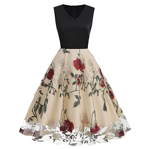 Damen 1950er Retro Vintage Kleid Ärmellos Blumen Schmetterling Bestickt Tüll Swing Kleid A Linie V Ausschnitt Partykleid Elegant Hochzeit Cocktailkleid Abendkleid von IMEKIS