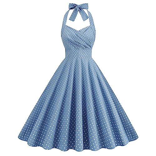 Damen 1950er Rockabilly Kleid Ärmellos Neckholder Rückenfrei Cocktailkleid Vintage Polka Dot Swing Kleid A Linie Faltenrock Knielang Hochzeit Festlich Abendkleid Blau L von IMEKIS