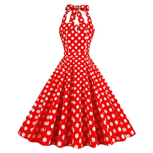 Damen 1950er Rockabilly Kleid Ärmellos Neckholder Rückenfrei Cocktailkleid Vintage Polka Dot Swing Kleid A Linie Faltenrock Knielang Hochzeit Festlich Abendkleid Rot M von IMEKIS