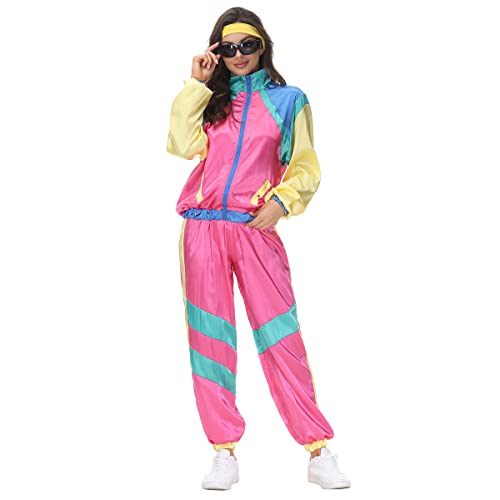 Damen 90er Jahre Hip Hop Kostüm Halloween Karneval Cosplay Verkleidung Vintage Trainingsanzug Langarm Reverskragen Jacke und Hose mit Stirnband 3tlg Festlich Outfit Straße Tanzkleidung Rosa-Gelb XL von IMEKIS