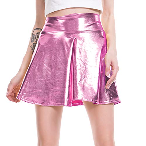 Damen A-Linie Minirock Einfarbig Hohe Taille Faltenrock Metallisch Glänzend Skater Rock Kurz Flared Ausgestelltes Rock Hippie Plisseeskirt Abend Tanz Party Clubwear Rosa XL von IMEKIS