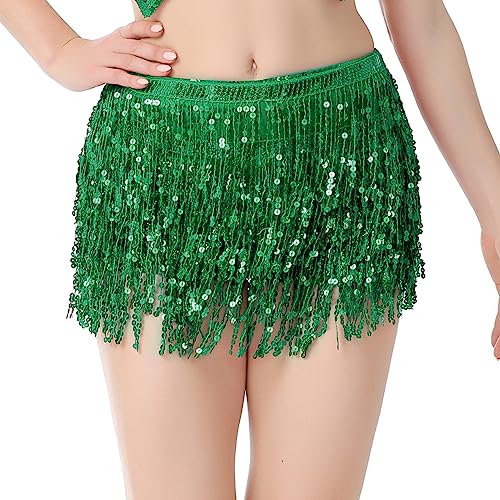 Damen Bauchtanz Rock Glitzer Hüftschal Pailletten Quaste Wickelrock Musik Festival Party Kostüm Rave Outfit Sexy Mini Röcke Fransenrock Nacht Clubwear Grün Einheitsgröße von IMEKIS