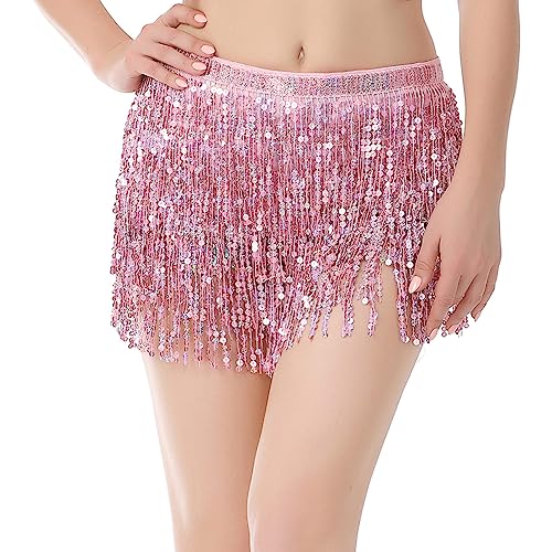 Damen Bauchtanz Rock Glitzer H?ftschal Pailletten Quaste Wickelrock Musik Festival Party Kost?m Rave Outfit Sexy Mini R?cke Fransenrock Nacht Clubwear Rosa Einheitsgr??e von IMEKIS