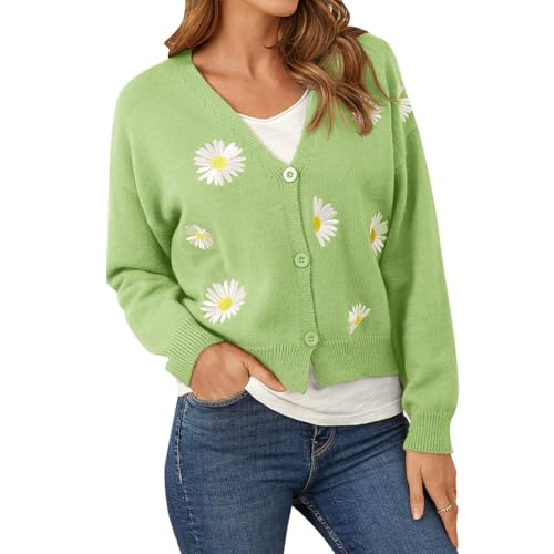 Damen Blumen Cardigan Strickjacke Langarm V-Ausschnitt Button Down Strickpullover Loose Fit Chunky Strick Pullover Herbst Winter Outwear Grün S von IMEKIS