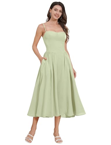 Damen Blumendruck Korsett Kleid Ärmellos Tief Ausgeschnitten Bustier Boho Sommerkleid A-Linie Rüschen Midi Strandkleid Urlaub Partykleid mit Taschen Hellgrün S von IMEKIS