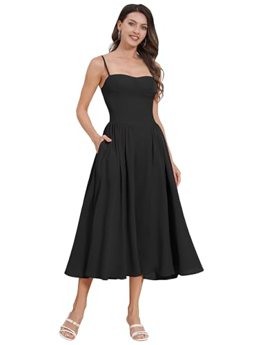 Damen Blumendruck Korsett Kleid Ärmellos Tief Ausgeschnitten Bustier Boho Sommerkleid A-Linie Rüschen Midi Strandkleid Urlaub Partykleid mit Taschen Schwarz L von IMEKIS