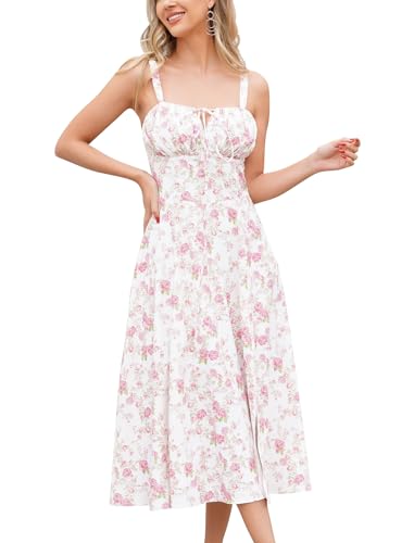 Damen Blumendruck Korsettkleid Ärmellose V-Ausschnitt Bustier Midikleid A-Linie Schnürung Boho Sommerkleid Strandkleid Urlaub Partykleid mit Schlitz Altrosa XL von IMEKIS