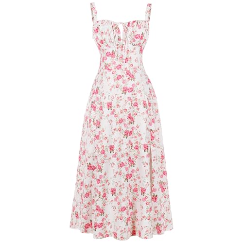 Damen Blumendruck Korsettkleid Ärmellose V-Ausschnitt Bustier Midikleid A-Linie Schnürung Boho Sommerkleid Strandkleid Urlaub Partykleid mit Schlitz Heiß Rosa XS von IMEKIS