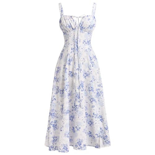 Damen Blumendruck Korsettkleid Ärmellose V-Ausschnitt Bustier Midikleid A-Linie Schnürung Boho Sommerkleid Strandkleid Urlaub Partykleid mit Schlitz Hellblau XS von IMEKIS