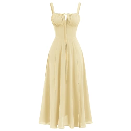 Damen Blumendruck Korsettkleid Ärmellose V-Ausschnitt Bustier Midikleid A-Linie Schnürung Boho Sommerkleid Strandkleid Urlaub Partykleid mit Schlitz Hellgelb S von IMEKIS