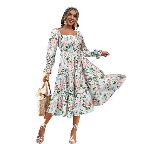 Damen Blumendruck Sommerkleid Langarm Gesmokte R�sche Midikleid mit G�rtel A-Linie Empire Taille Casual Strandkleid Urlaub Partykleider Gr�n S Damen Blumendruck Sommerkleid Langarm Gesmokte R�sche Midikleid mit G�rtel A-Linie Empire Taille Casual Strandkleid Urlaub Partykleider Gr�n S von IMEKIS