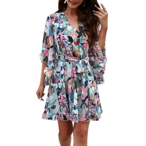 Damen Casual Sommerkleid A-Linie V-Ausschnitt Blume Chiffon Rüsche Minikleid Glocke Ärmel Boho Strandkleid Urlaub Kleid Grün M von IMEKIS