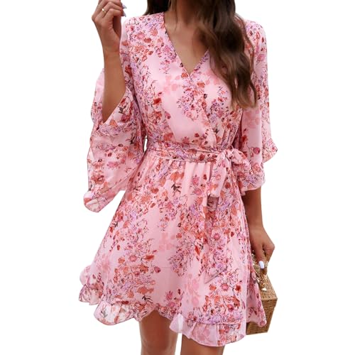 Damen Casual Sommerkleid A-Linie V-Ausschnitt Blume Chiffon Rüsche Minikleid Glocke Ärmel Boho Strandkleid Urlaub Kleid Rosa S von IMEKIS